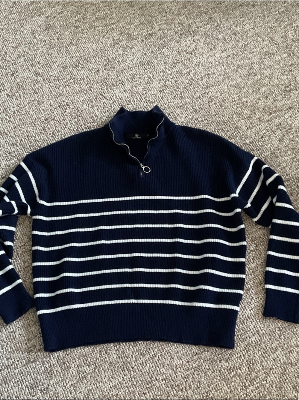 Navy & White Striped Cowl-Neck Sweater with Quarter Zip